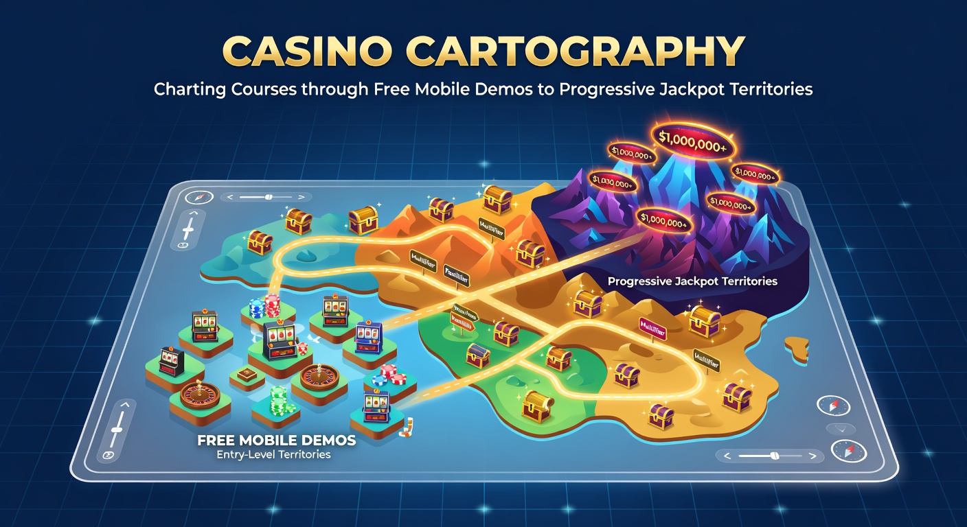 Close-up of a progressive jackpot slot demo on a mobile device, with maps overlaying game paths to bonus territories and jackpot icons glowing ahead
