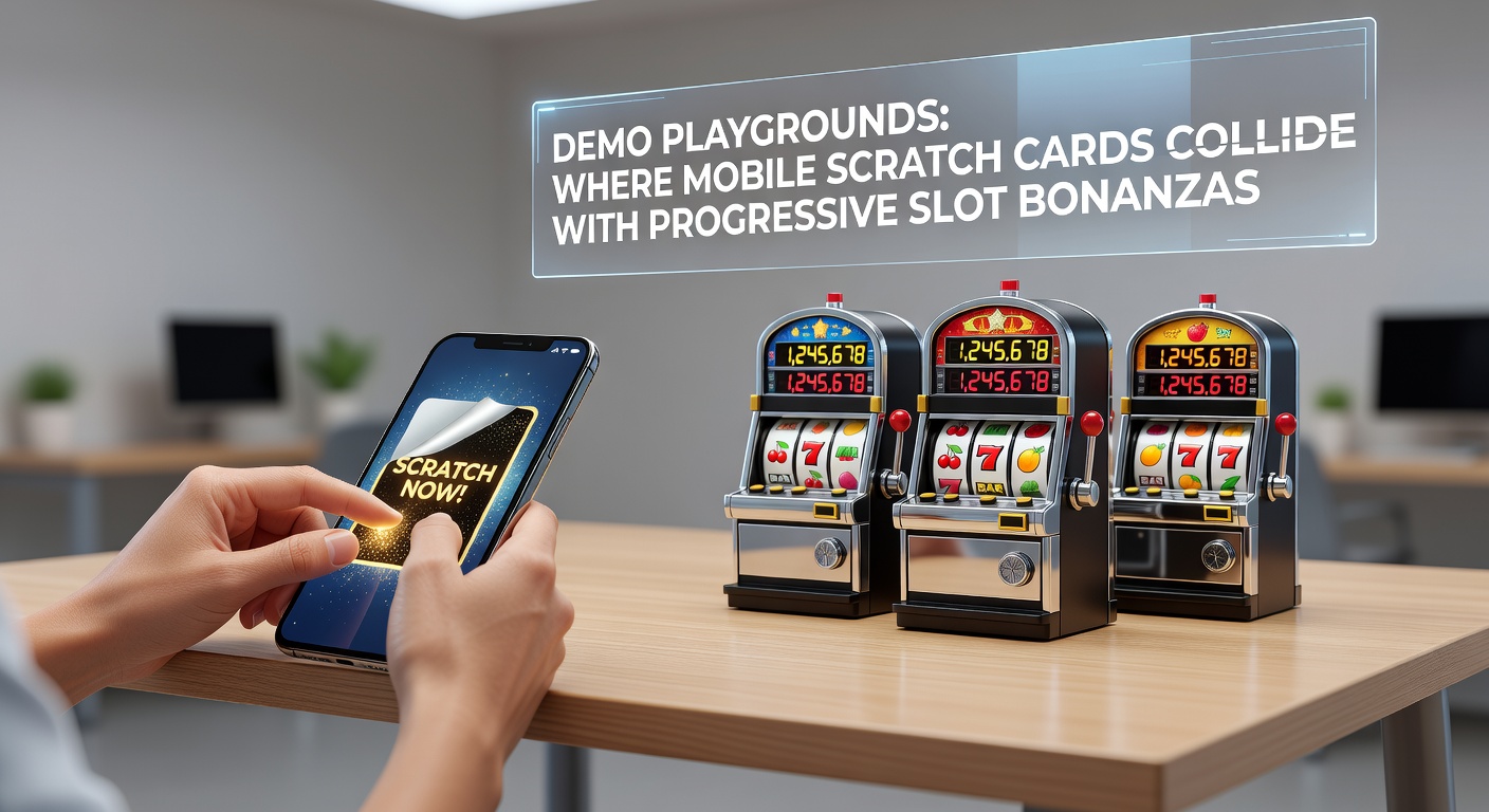 Vibrant demo playground interface showing mobile scratch cards alongside glowing progressive slot reels on a smartphone screen