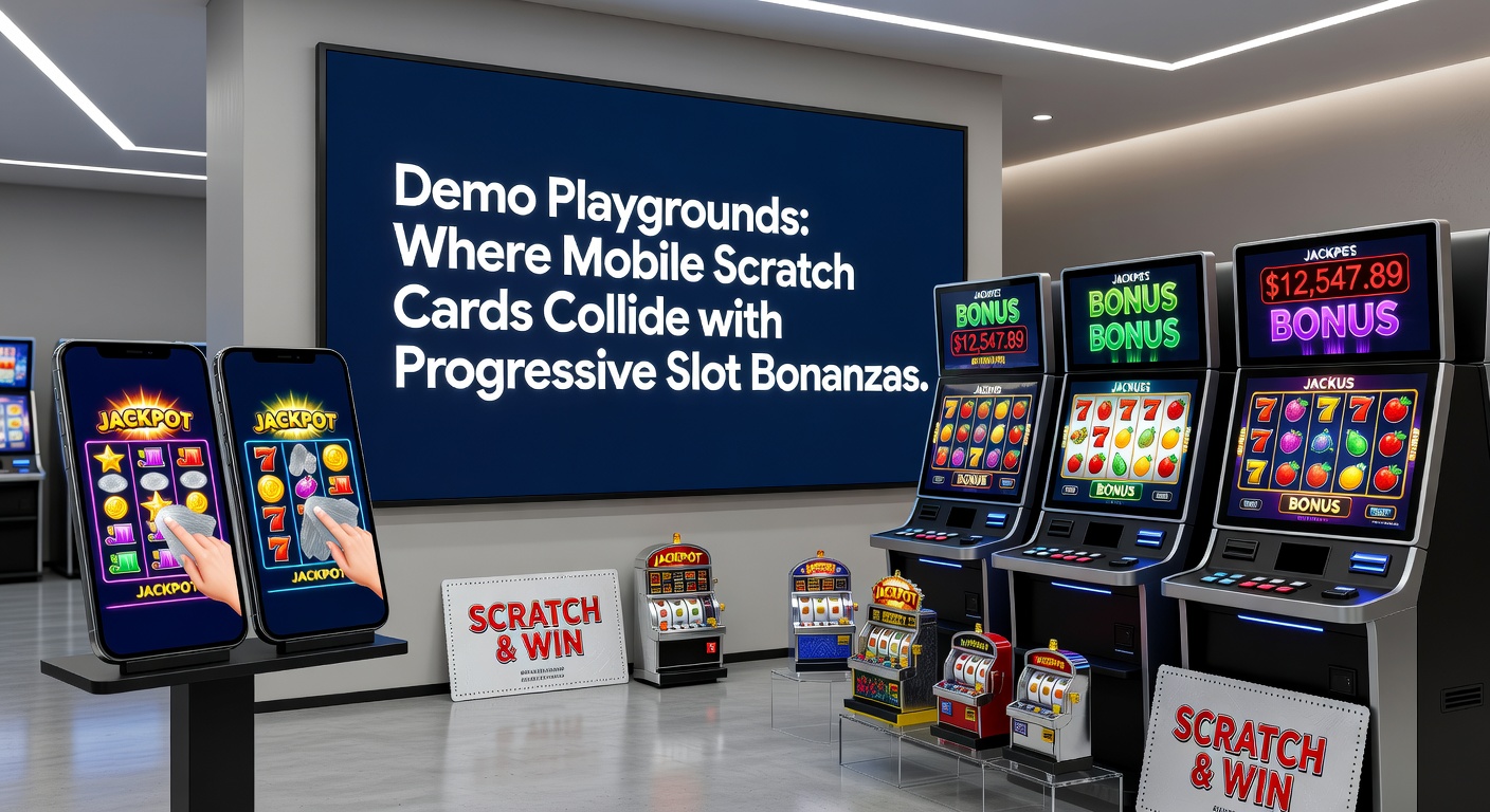 Close-up of a progressive slot demo jackpot meter climbing beside a freshly scratched mobile card revealing bonus symbols