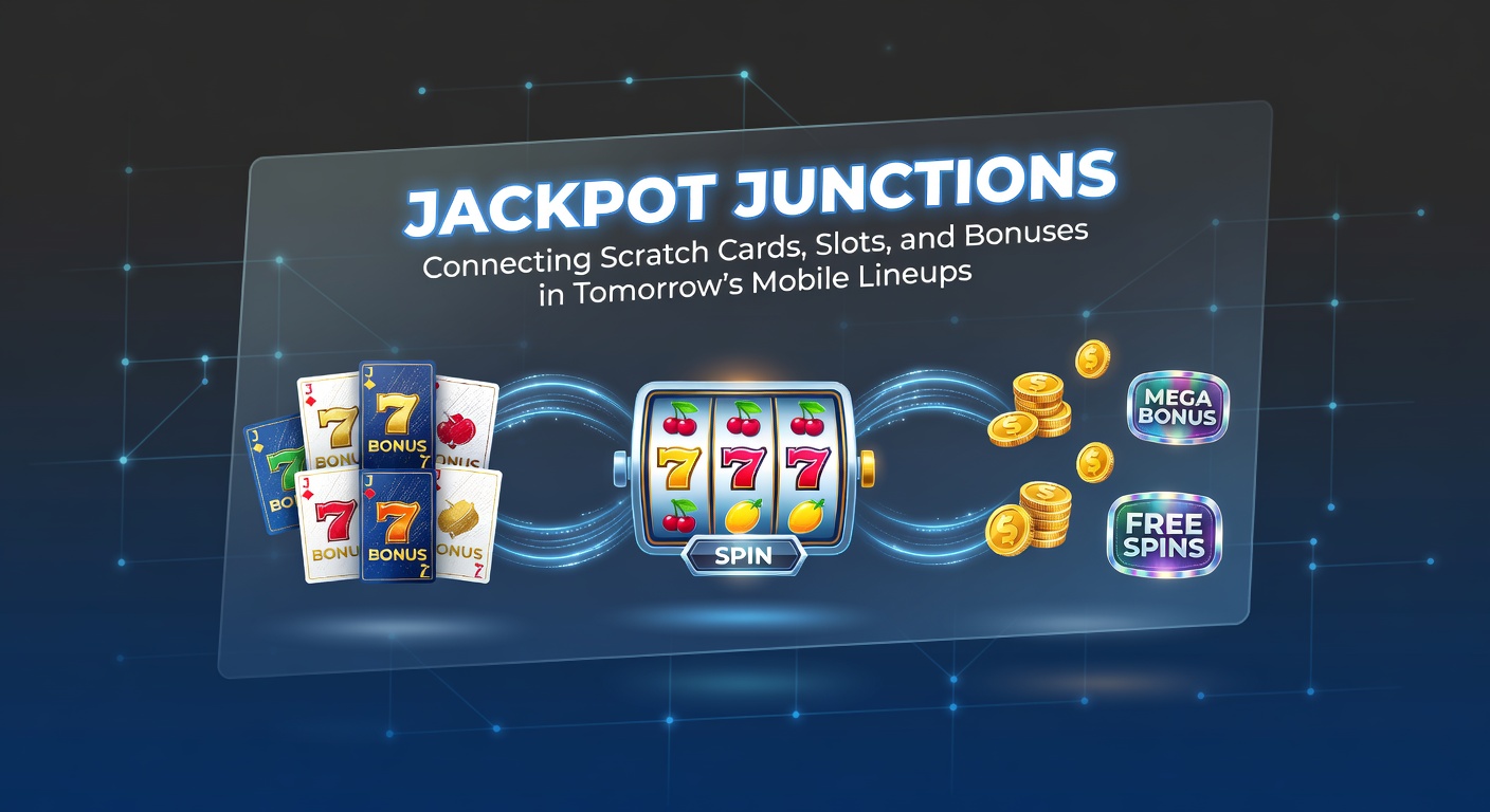 Vibrant mobile screen displaying interconnected scratch card reveals, spinning slot reels, and exploding bonus multipliers in a futuristic casino app interface