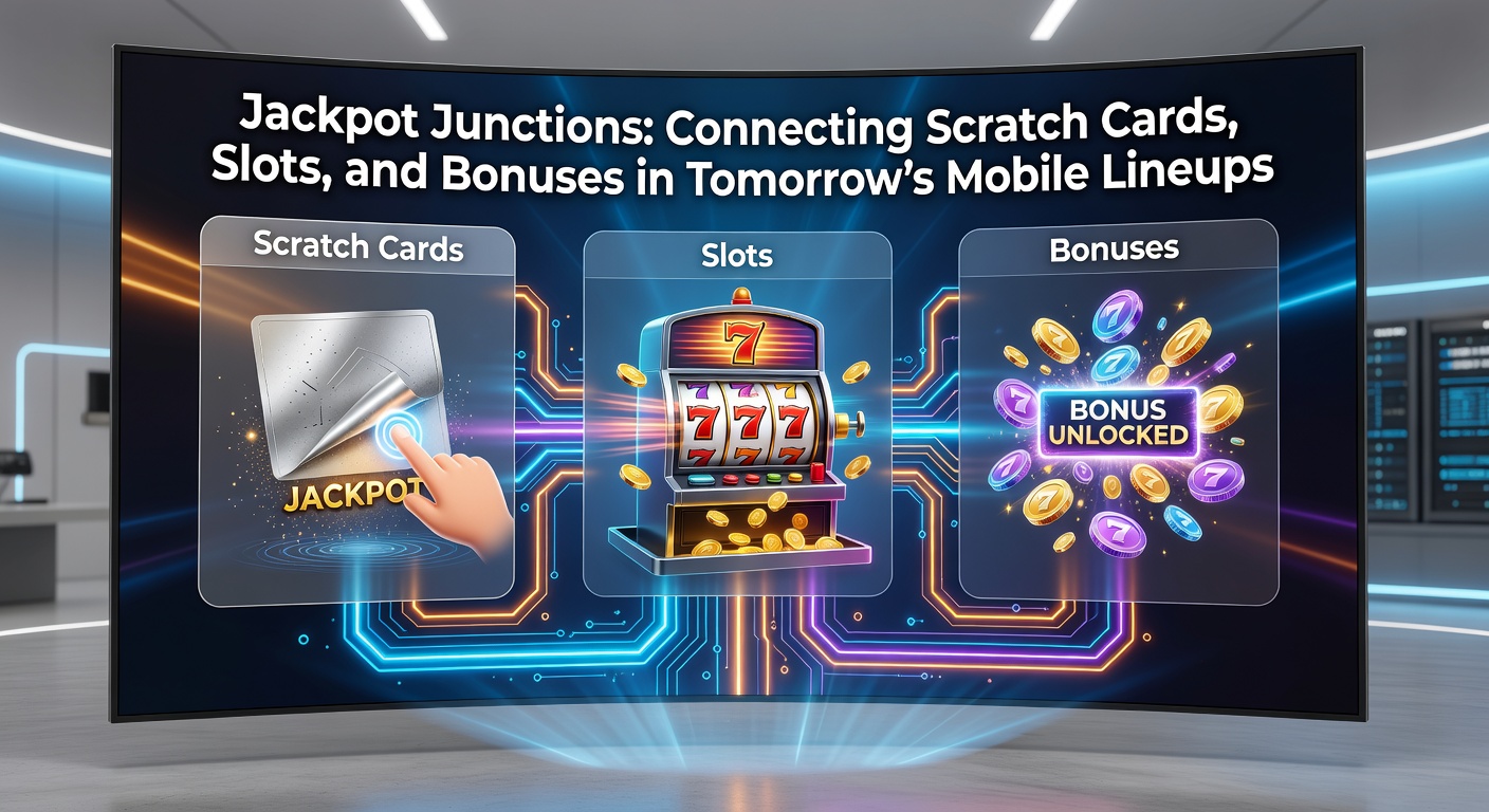 Dynamic close-up of a mobile jackpot meter climbing as scratch reveals and slot bonuses intersect, with glowing connections linking game elements