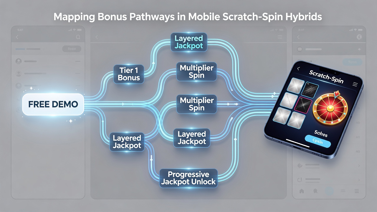 Close-up view of demo interface mapping bonus triggers and jackpot pathways in a scratch-spin hybrid game