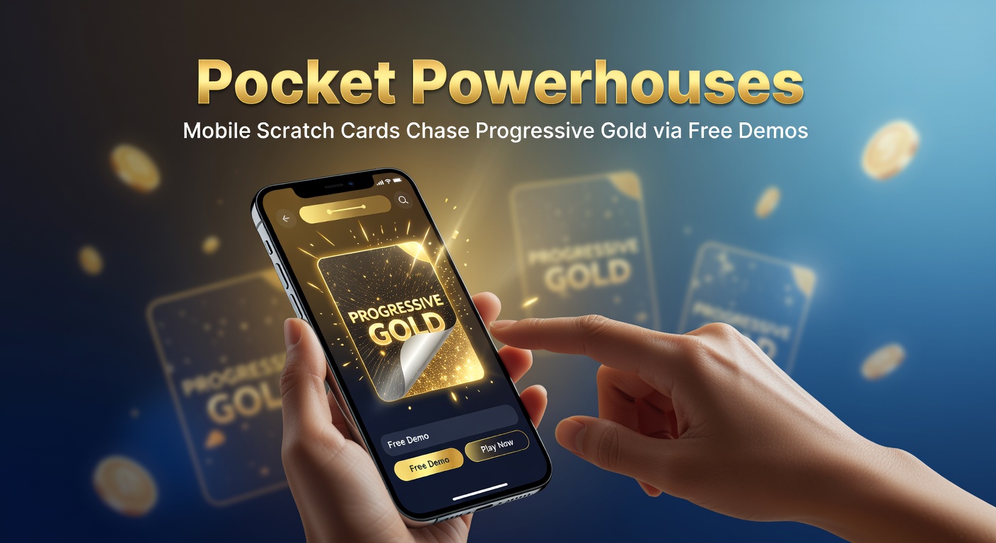 Smartphone displaying vibrant mobile scratch card game with progressive jackpot counter ticking upward, surrounded by demo play icons