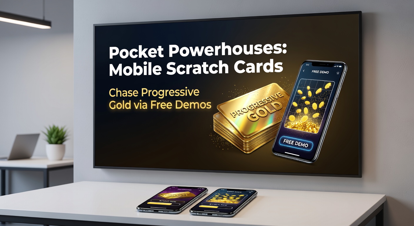 Close-up of fingers scratching a mobile screen on a progressive scratch card demo, with jackpot amount displayed at over $500,000 and free play badge prominent