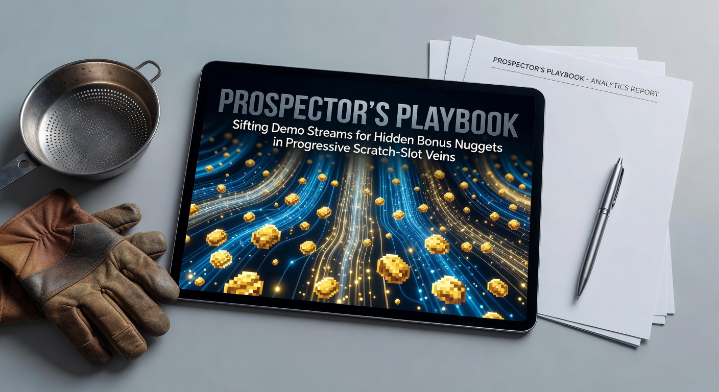 A digital prospector panning through glowing demo streams, uncovering shiny bonus nuggets in a vein of progressive scratch-slot games