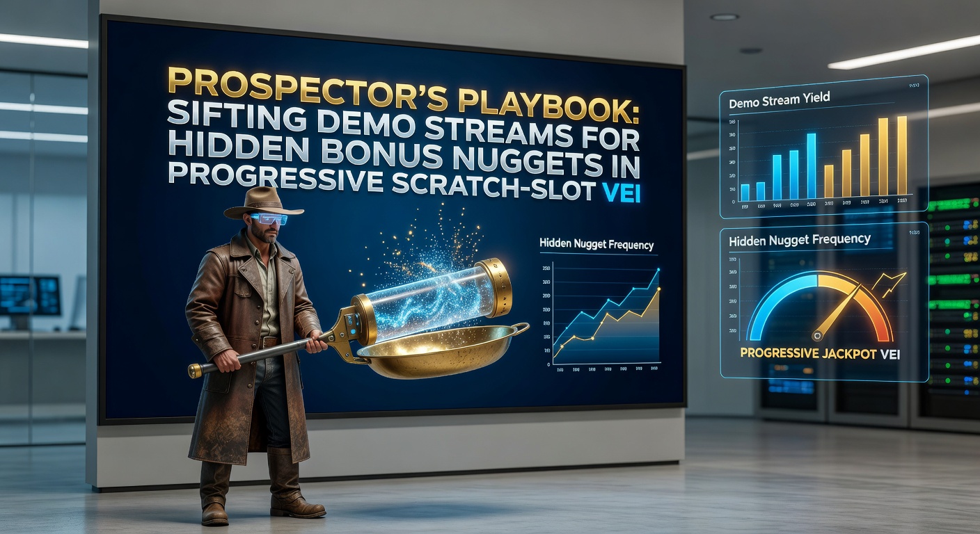Close-up of a prospector's toolkit: charts, stream overlays, and glowing screens revealing bonus veins in progressive scratch-slot demos