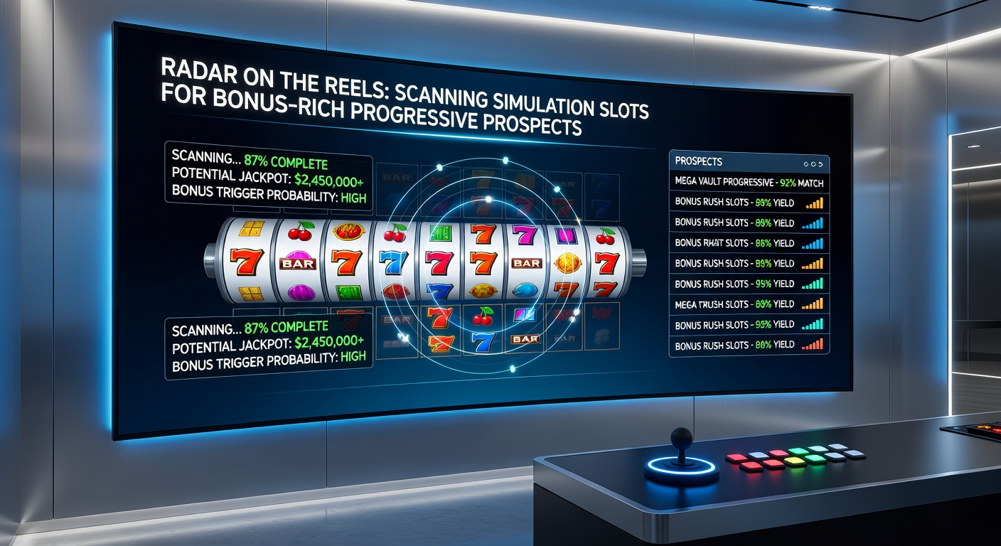Close-up of slot simulation interface displaying bonus wheel, progressive meters filling up, and radar-style overlay highlighting hot zones