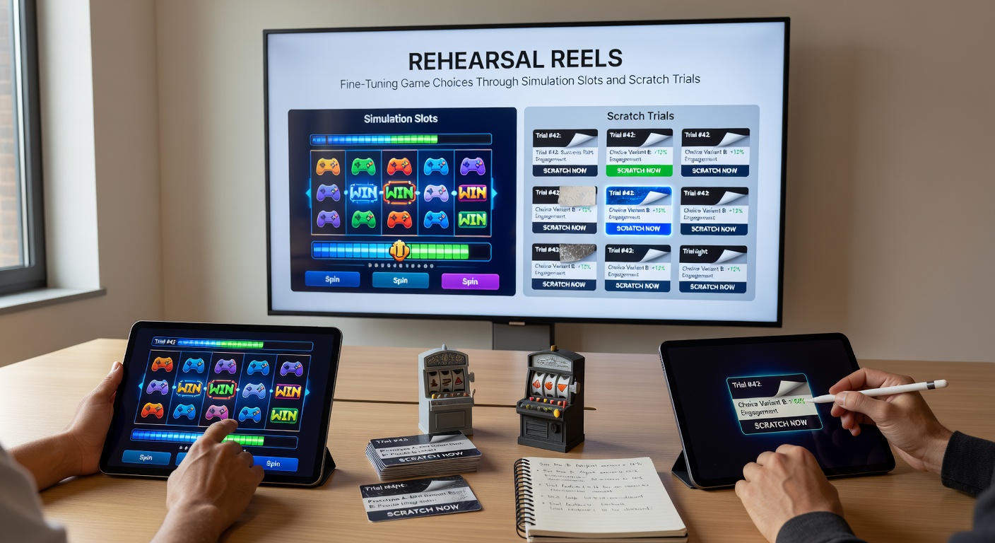 Vibrant display of simulation slot reels spinning with virtual scratch cards overlay, illustrating game rehearsal mechanics in a digital casino interface