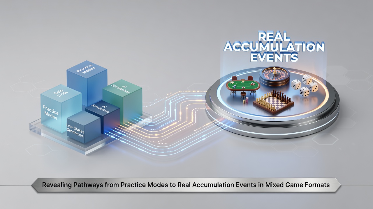 Chart illustrating data flows between practice sessions and live mixed game accumulation events