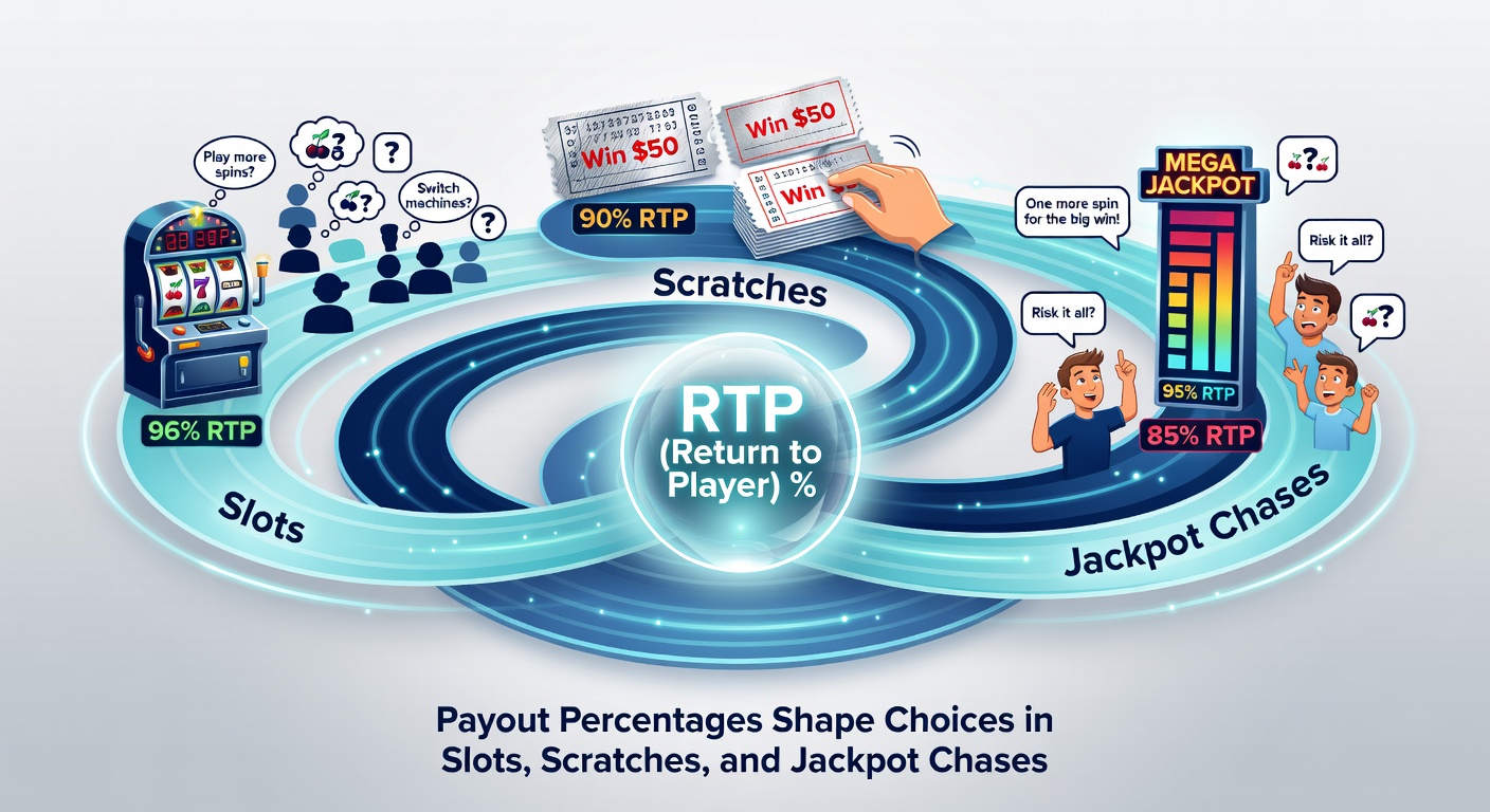 Infographic comparing RTP bars for slots, scratch cards, and progressive jackpots, with ripple effects visualized as waves influencing player icons