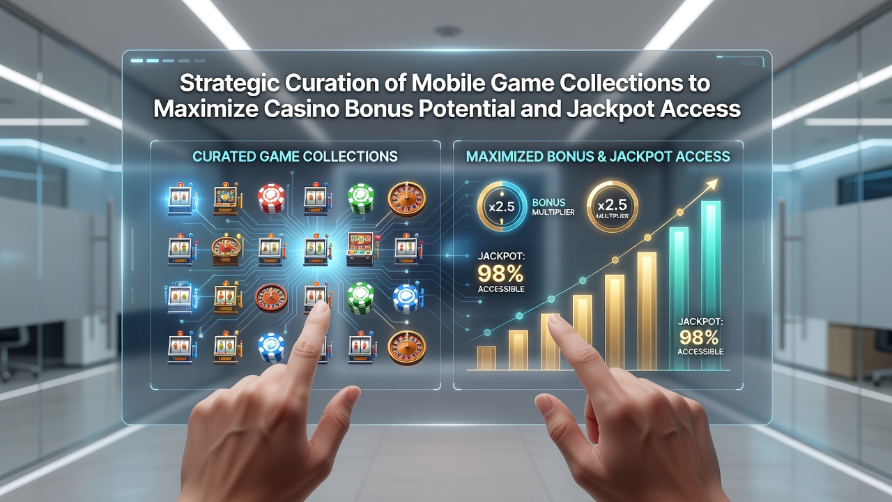 Mobile device displaying organized casino game collection with bonus indicators and jackpot progress meters