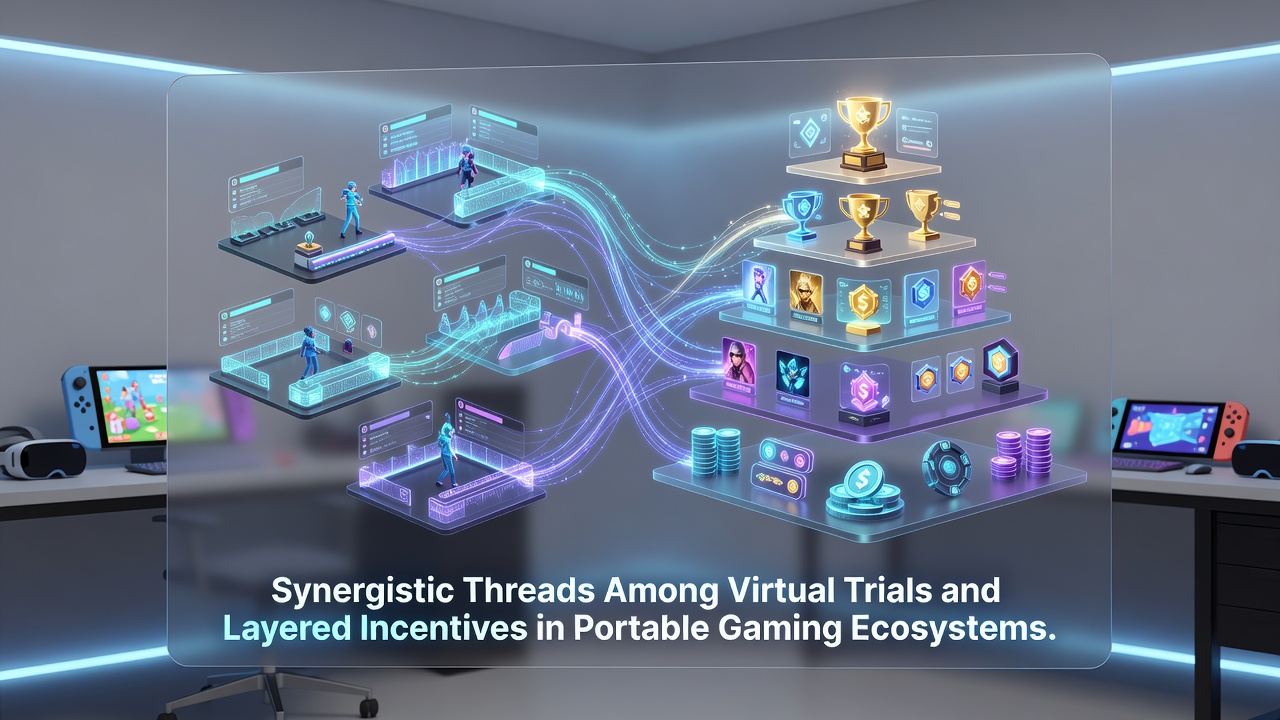Visualization of interconnected mobile gaming pathways linking virtual trials to layered incentive systems
