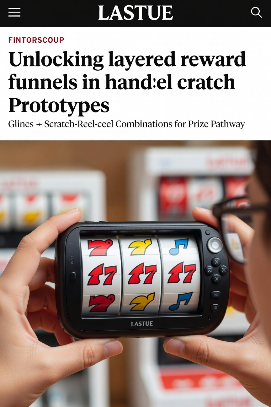 Handheld prototype device displaying layered scratch-reel combination interface with reward indicators