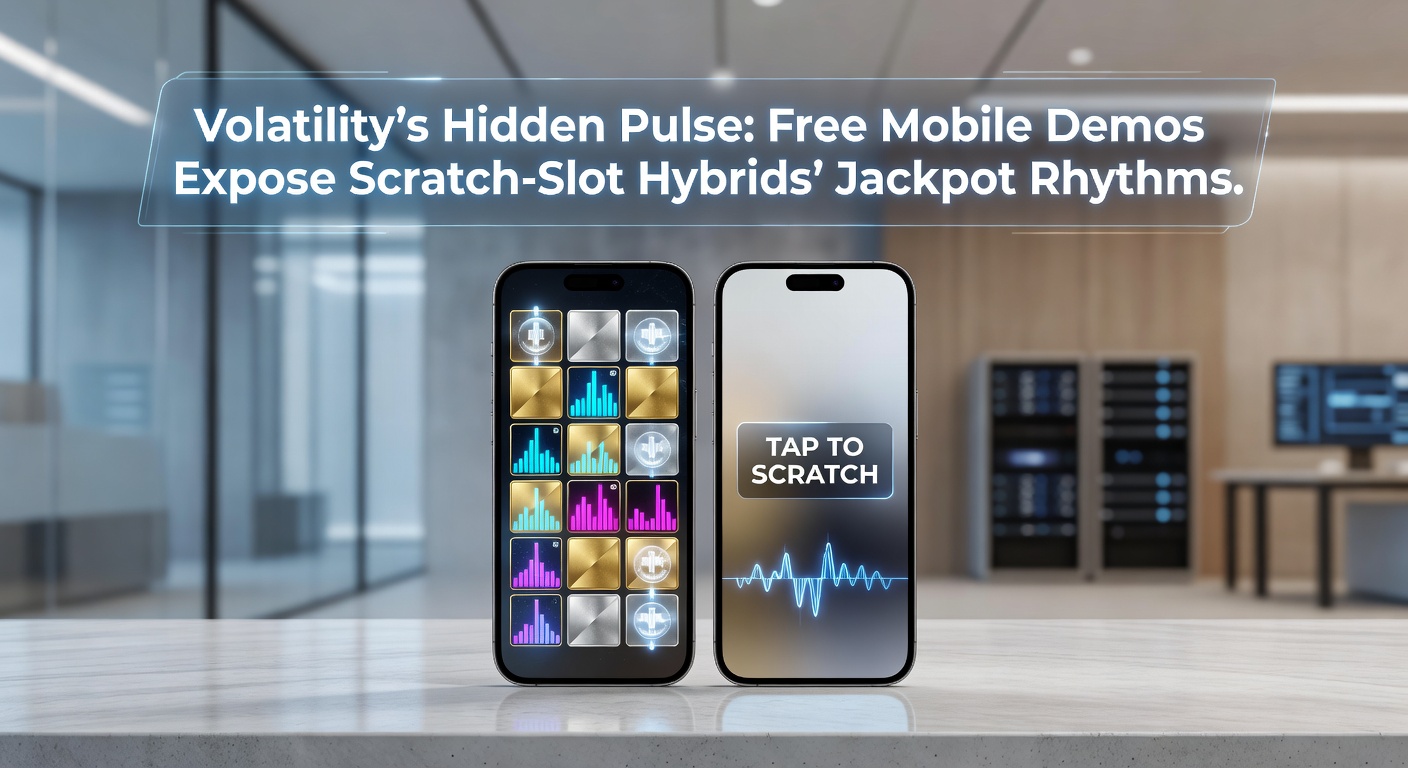 Screenshot of a vibrant mobile scratch-slot hybrid demo displaying fluctuating jackpot meters and volatility indicators during free play