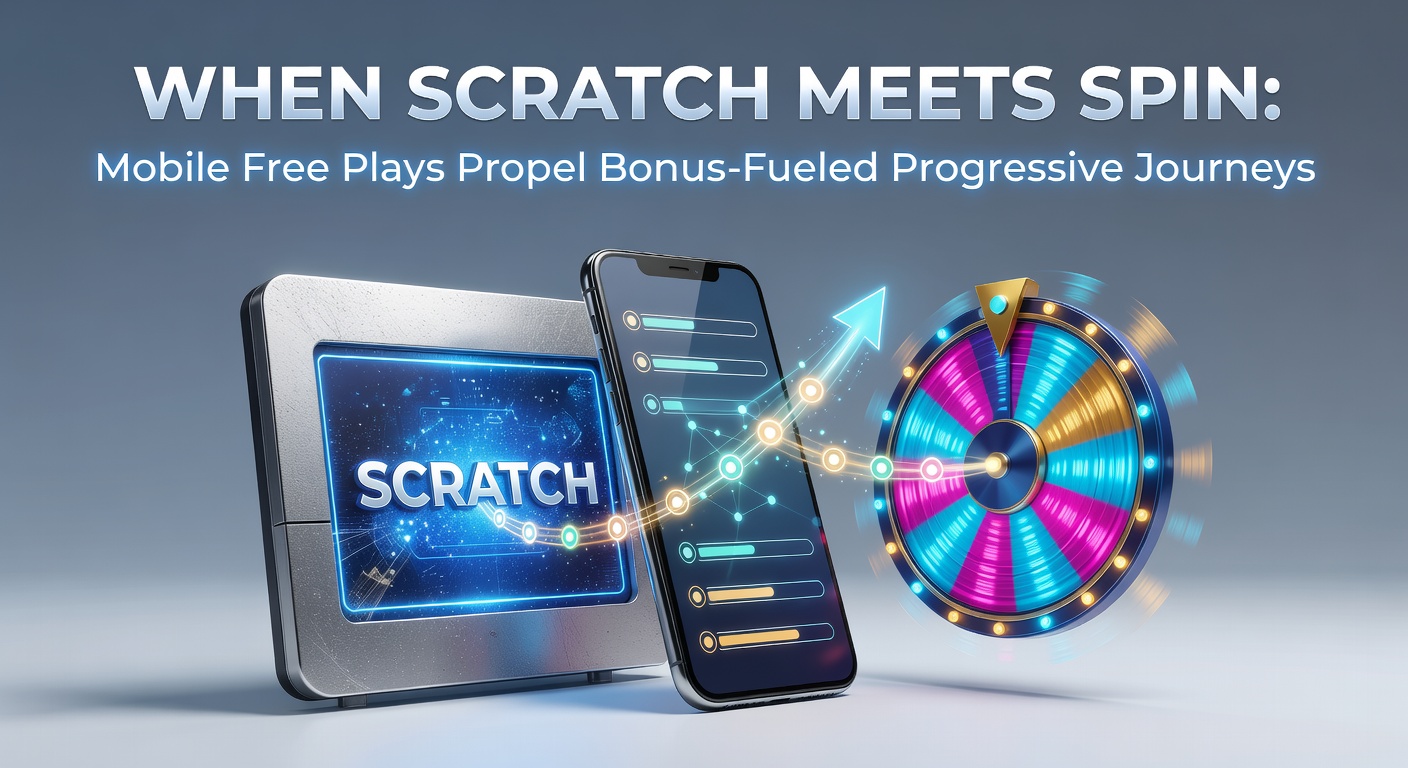A vibrant mobile screen displaying a hybrid scratch-spin game with progressive jackpot meter climbing amid bonus symbols and free play options